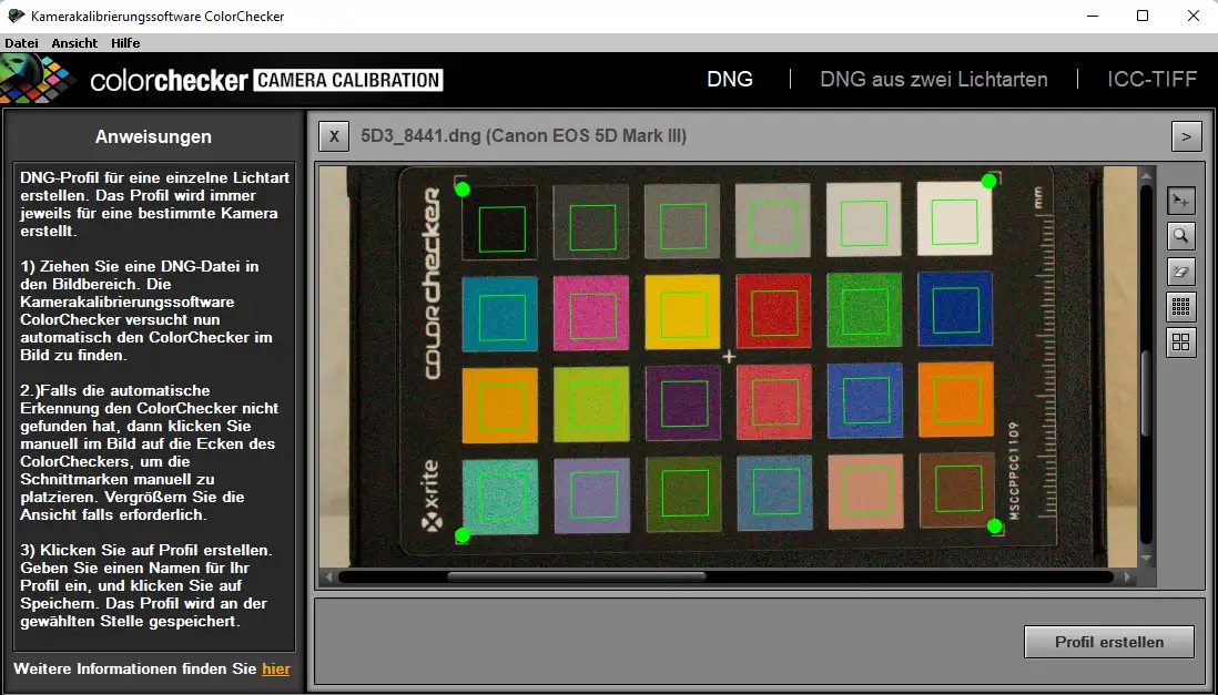 Einlesen der Farbfelder in die Software des ColorChecker