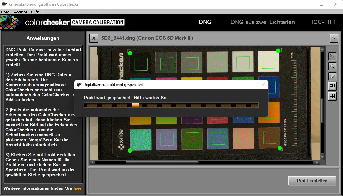 Erstellung des Profils durch die Software des ColorChecker